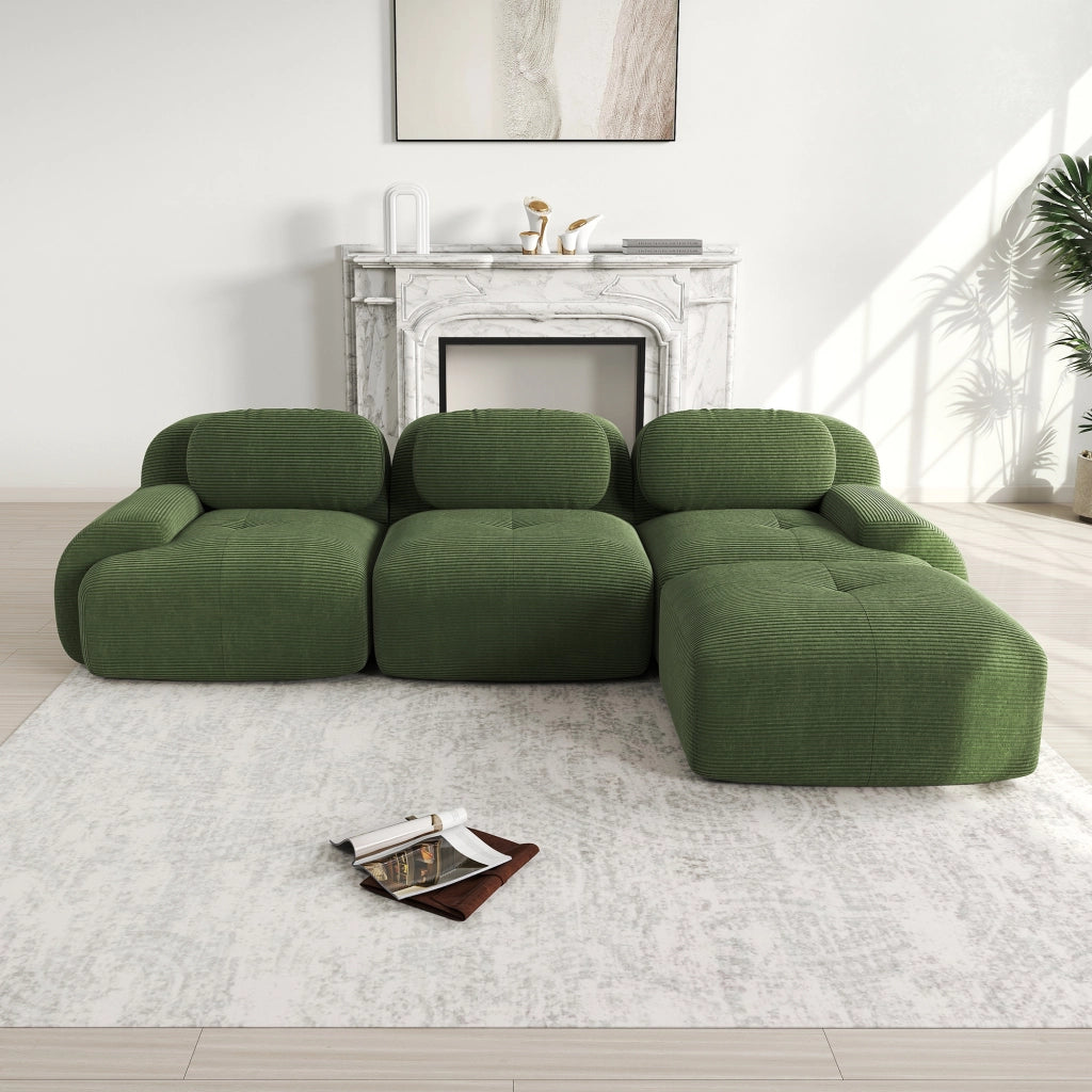 Divano Angolare Modulare ¨C MINIMAL ¨C Verde, Tessuto a Coste, Braccioli Extra-Larghi