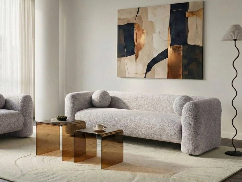 Divano a 3 posti Tessuto beige Morbido Nubby con cuscini extra Stile retrò glam art decor