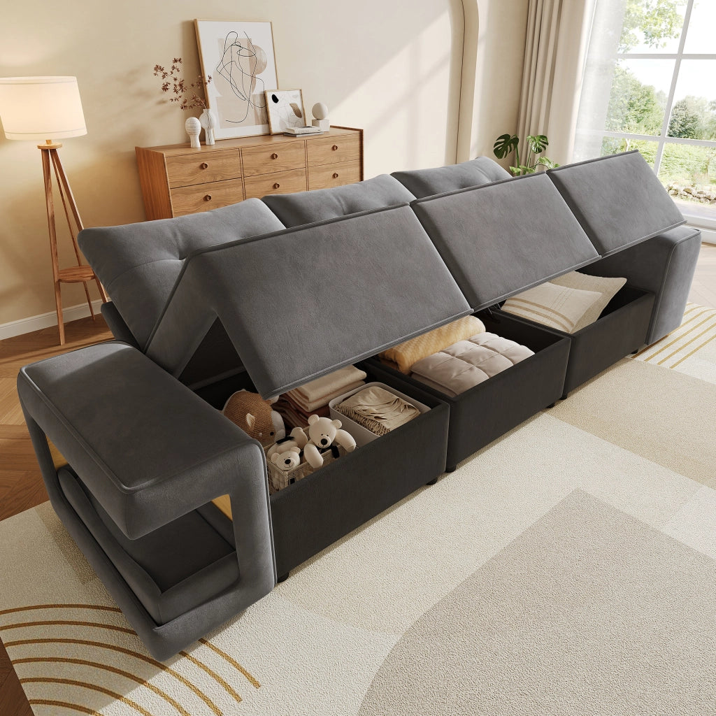 Divano 3 posti modulare con braccioli larghi e contenitore ¨C MINIMAL ¨C Grigio, tessuto, imbottito