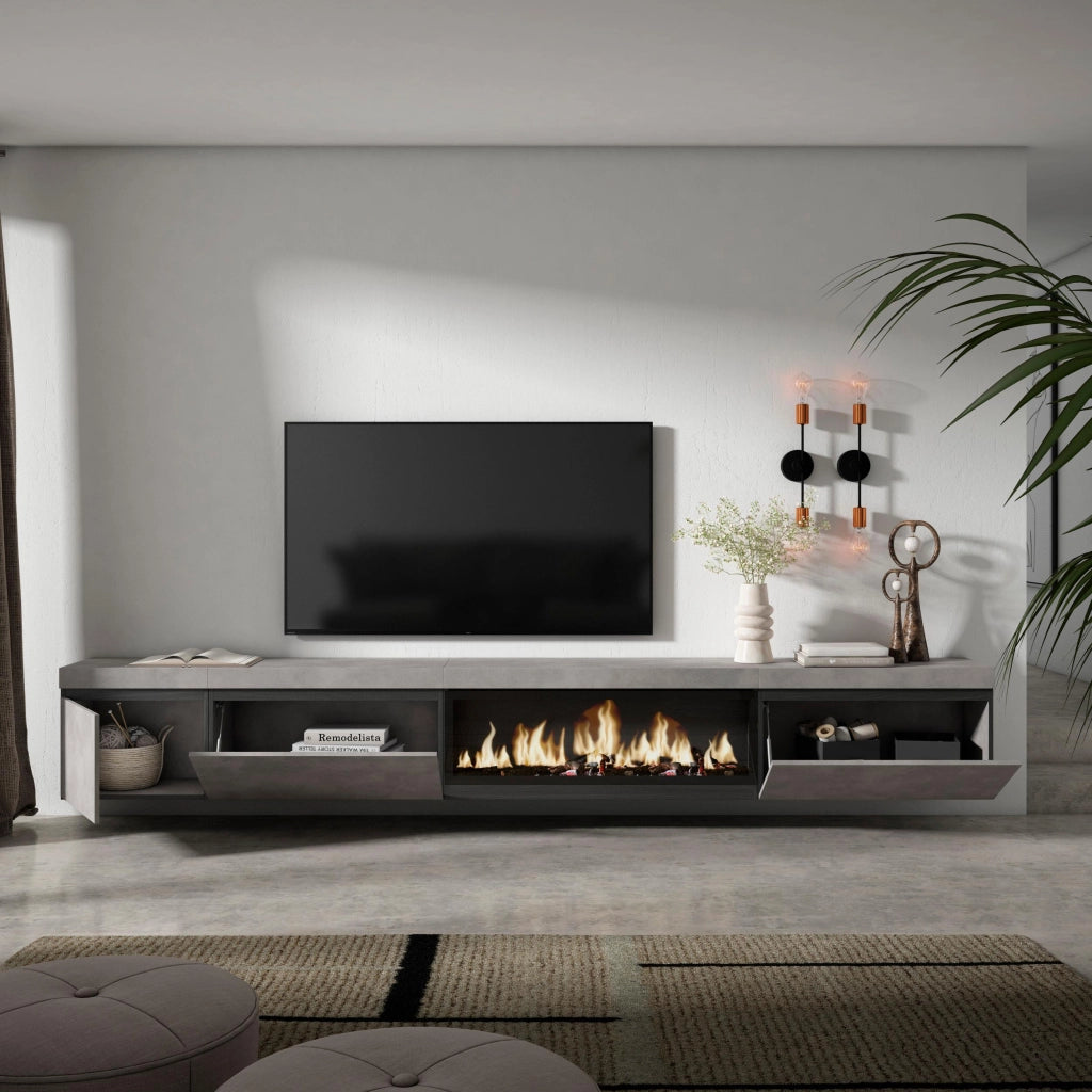 Mobile TV Soggiorno, 317x35x45cm, Camino elettrico XXL, da appendere, grigio cemento RF3669
