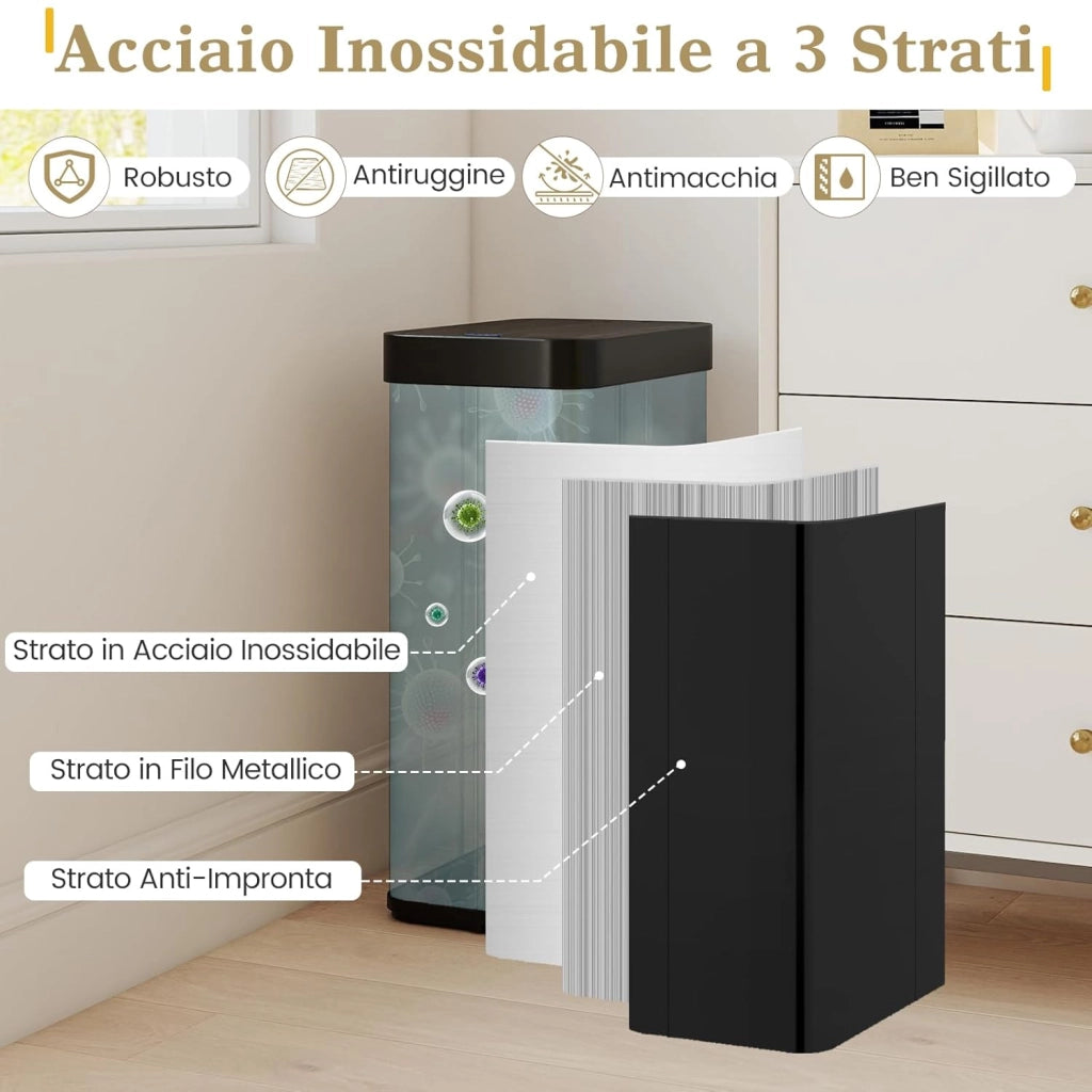 60L Cestino per Rifiuti con Coperchi a Ali, Pattumiera in Acciaio Inox Spazzolato con Sensore di Movimento a Infrarossi, Bidone Automatico per Camera da Letto, Bagno e Cucina (Nero)