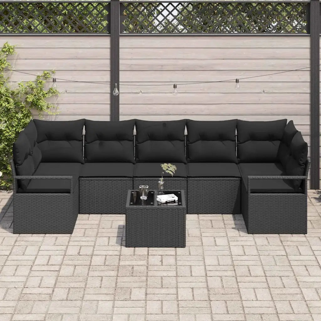 Set Divano da Giardino 8 pcs Nero Polyrattan, Acciaio e Vetro 3354972