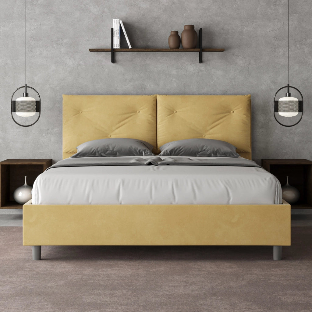 BS COM Letto matrimoniale contenitore doppia alzata imbottito 160x210 microfibra ocra