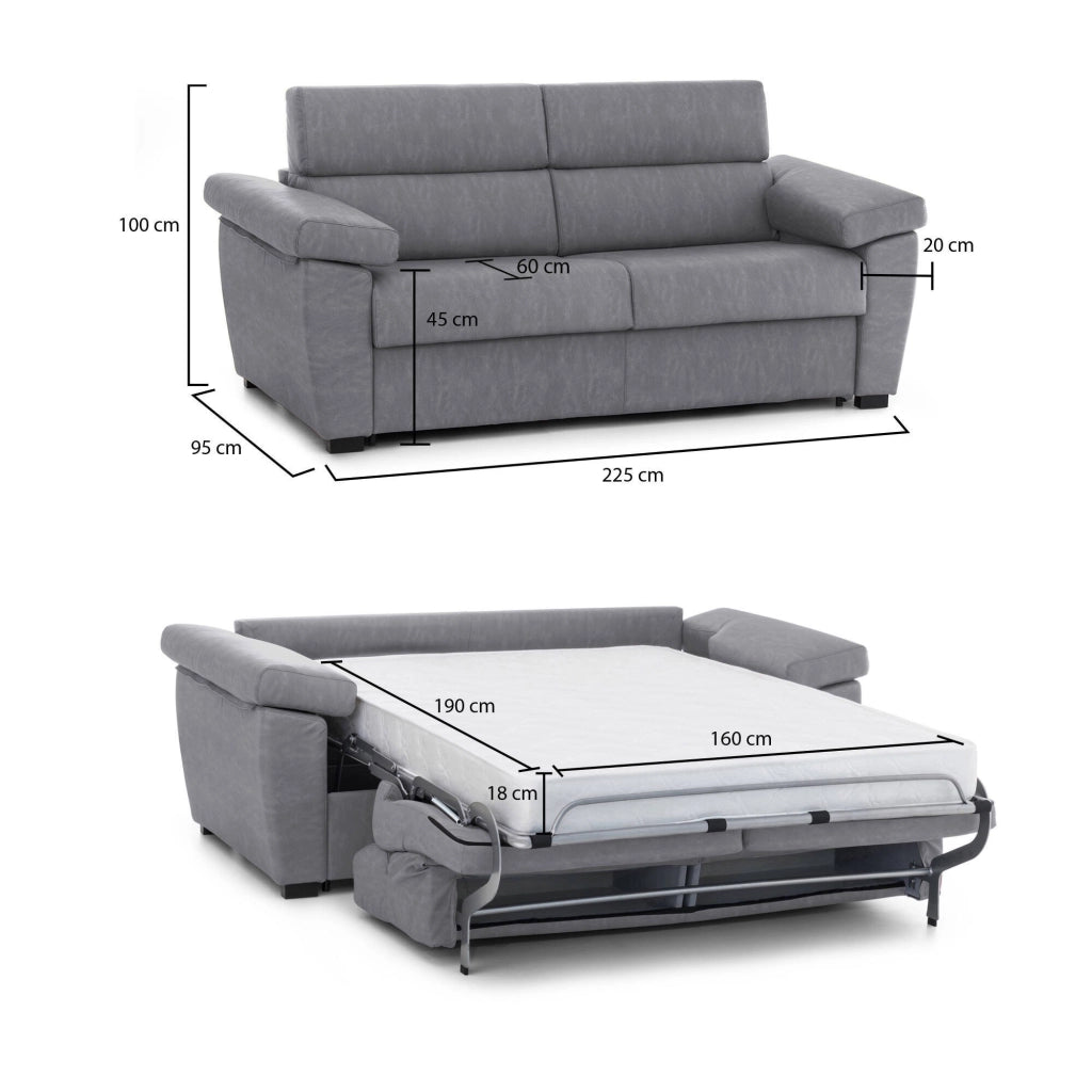 Pacecos, Divano Letto 3 Posti Sfoderabile Made in Italy, 225x95 cm Grigio