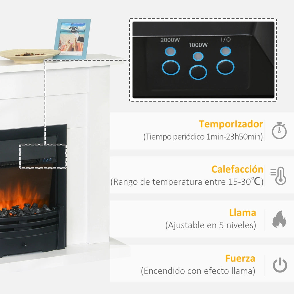Camino Elettrico Decorativo ¨C Xylo ¨C 2 Livelli di Calore con Timer e Fiamma Regolabile 102x30x95cm Bianco