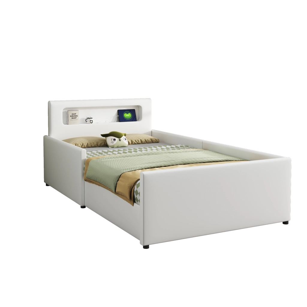 Letto Singolo Imbottito per Bambini con Luce LED e USB ¨C MINIMAL ¨C Similpelle Bianco 90x200