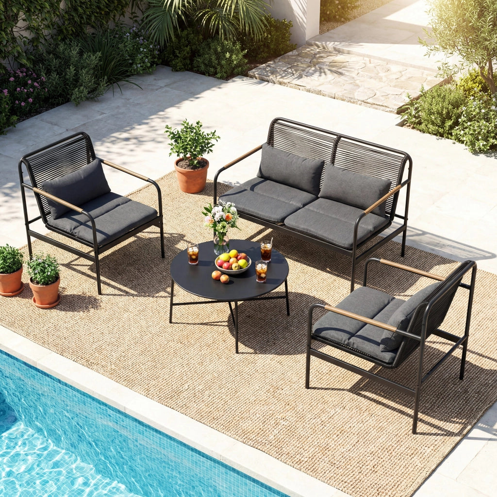 Set mobili da patio 4 pezzi in vimini con cuscini, Divano 2 posti e 2 poltrone con tavolino per giardino balcone