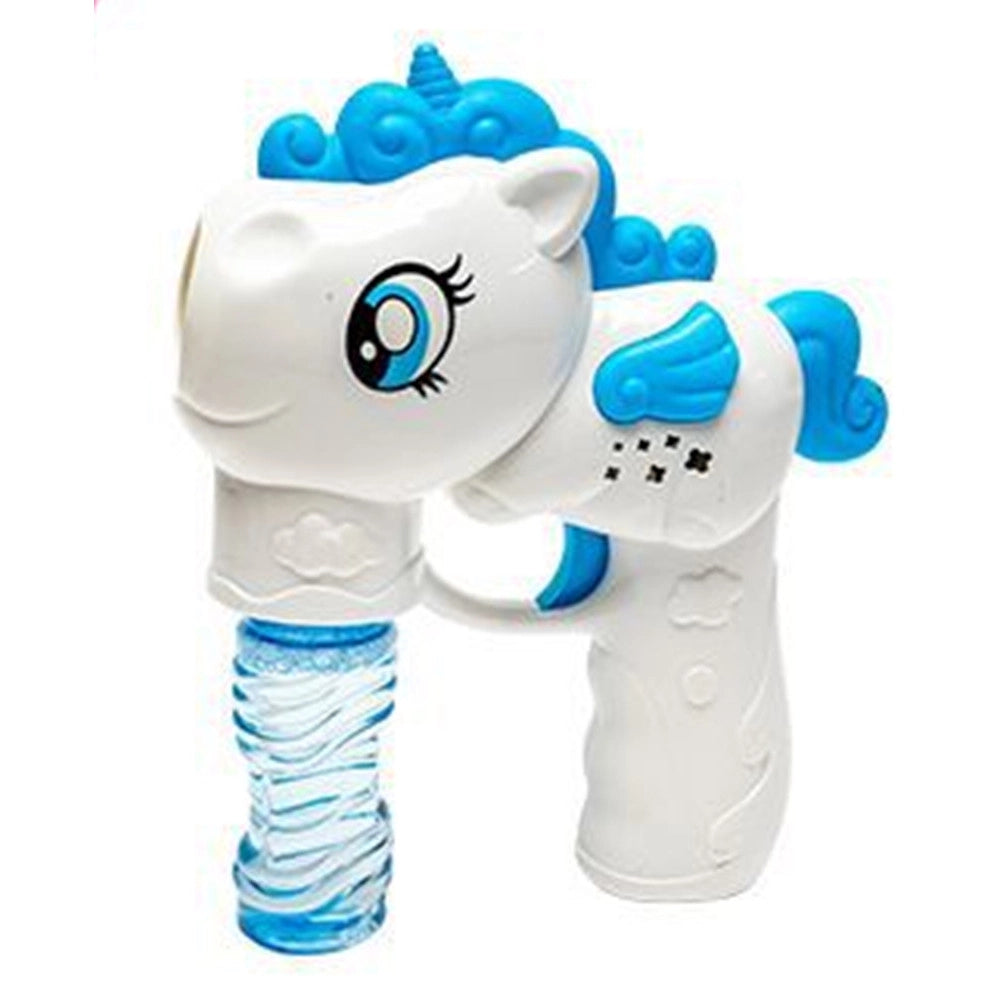 Trade Shop - Pistola Spara Bolle A Forma Di Pony Con 2 Flaconi Di Ricarica Da 50 Ml 3 Colori 6726065 -