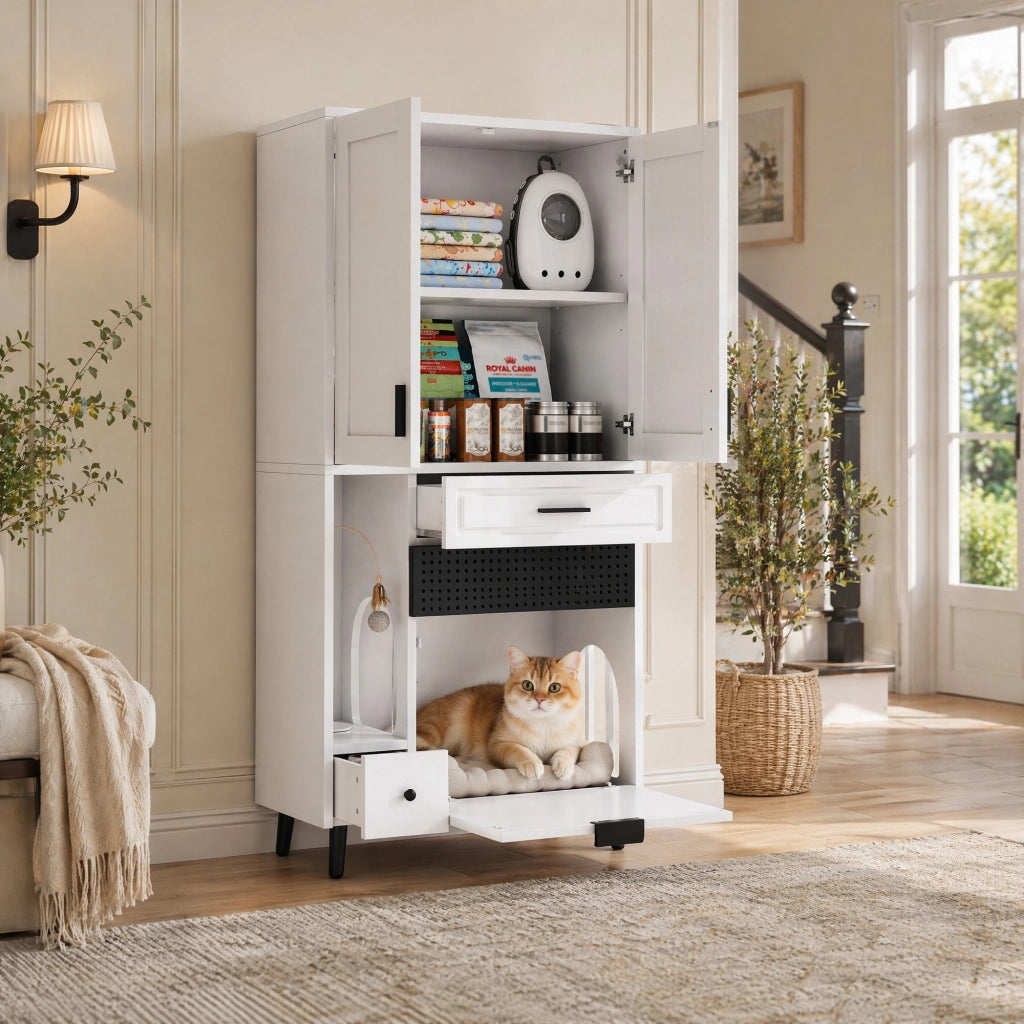 Mobile multiuso per gatti con cassetti e ripiani regolabili; 80 x 40 x 161 cm; bianco