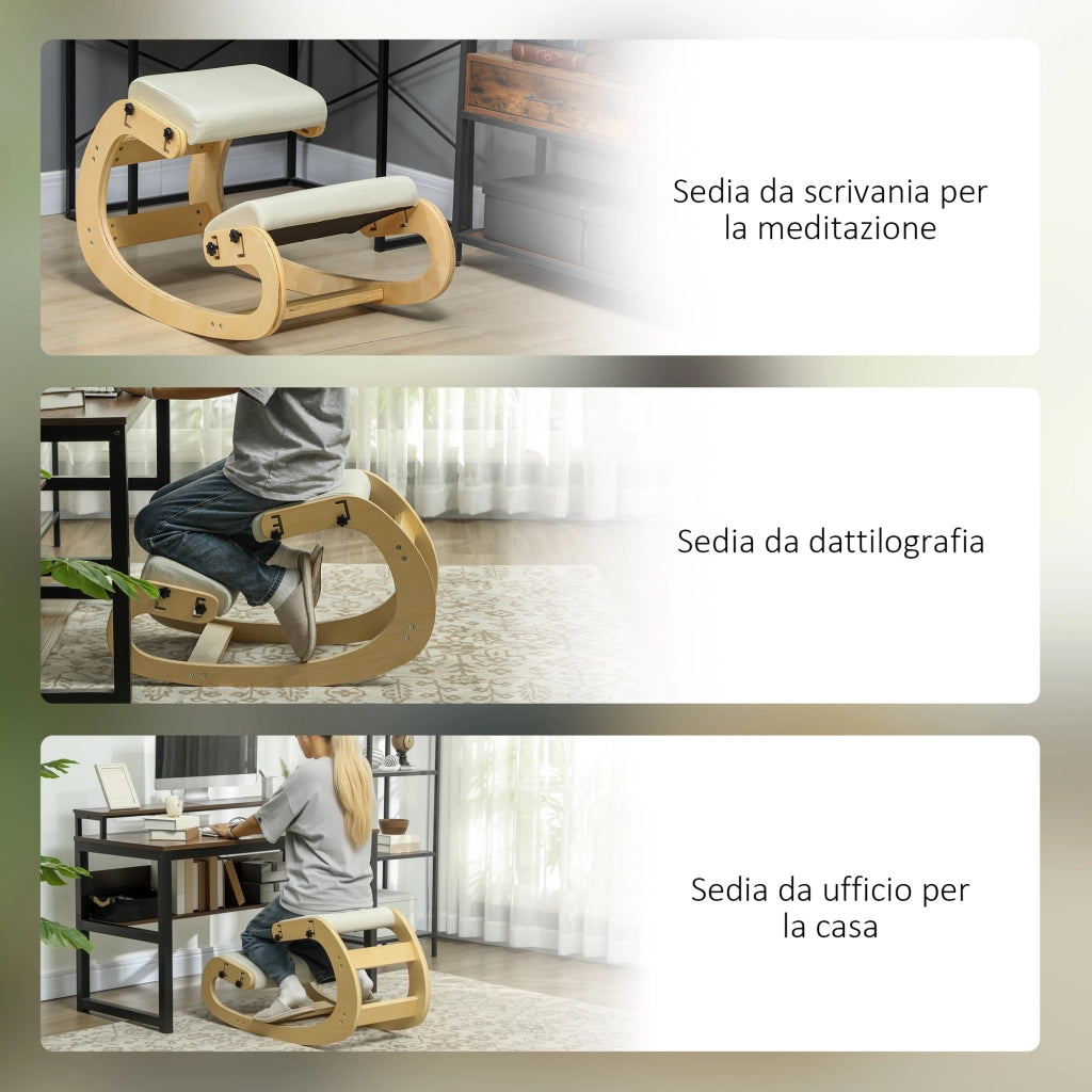 Sedia Inginocchiatoio Regolabile in 6 Posizioni 55x85x55 cm in Tessuto Effetto Lino e Legno di Betulla Crema