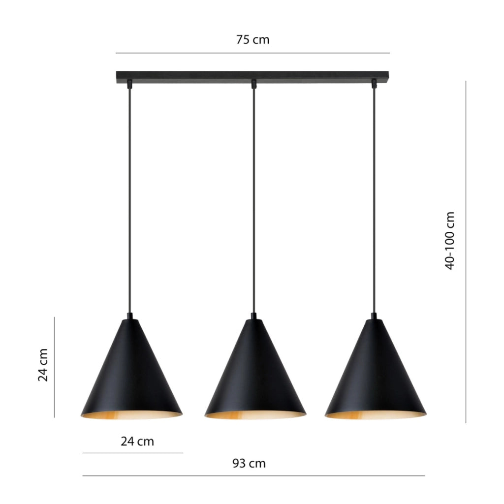 Lampadario sospensione Rebel 3 luci nero oro Emibig