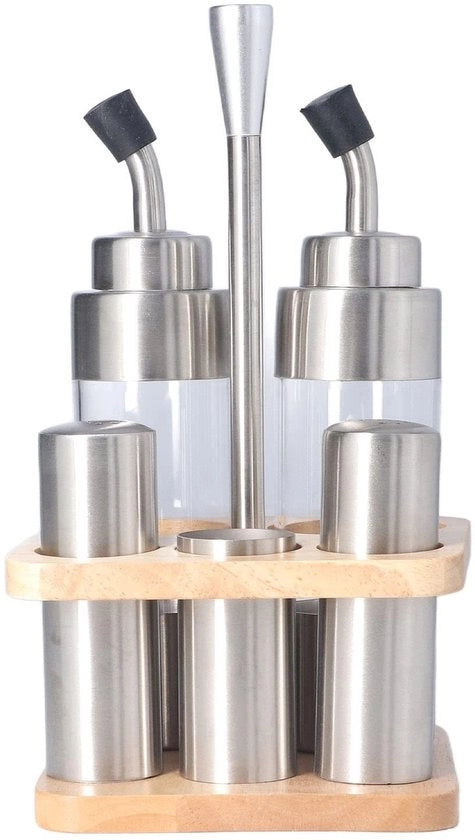 Set di dispensatori oli 6 pezzi - Cruet in acciaio inossidabile/vetro - Zucchero/Peperoncini - Ripiano in legno - Sostenibile - Set di spezie antidroso - Ripiano per spezie