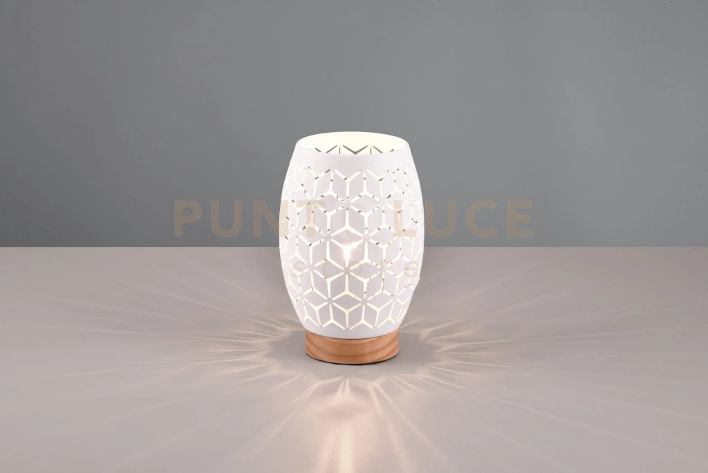 BIDAR LAMPADA DA TAVOLO METALLO BIANCO TAGLIO LASER CON INSERTO IN LEGNO H. 21,5CM 1 LUCE ATTACCO E27