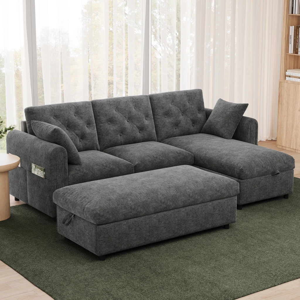 DIVANO con Chaise Longue e Pouf Contenitore 219x131x86 cm Velluto Grigio