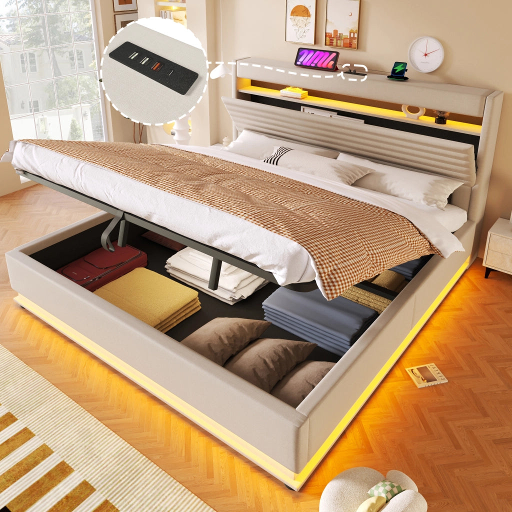 LETTO imbottito 180x200 cm in lino beige con LED, USB Type-C e vano contenitore