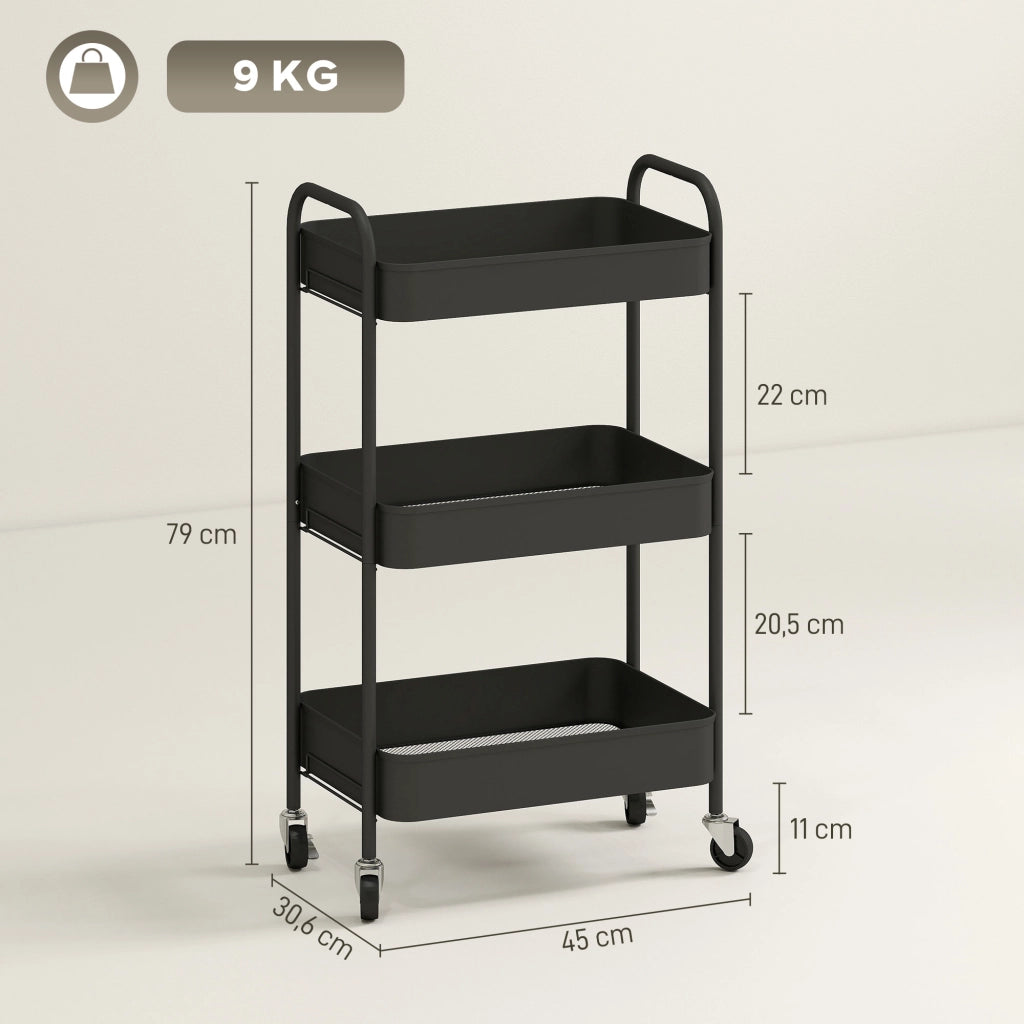 Carrello Multiuso con 3 Ripiani e 4 Ruote ¨C Minimal ¨C Nero 45x30.6x79 cm