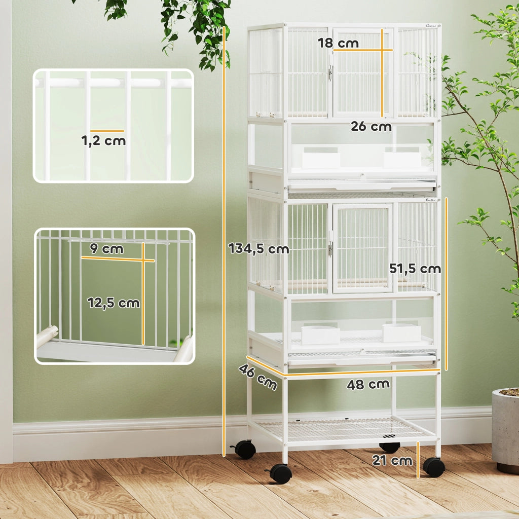 Gabbia per Uccelli a 2 Piani ¨C Xylo ¨C con Pannelli Acrilici Mangiatoie Trespoli Ruote 48x46x134,5 cm Bianco