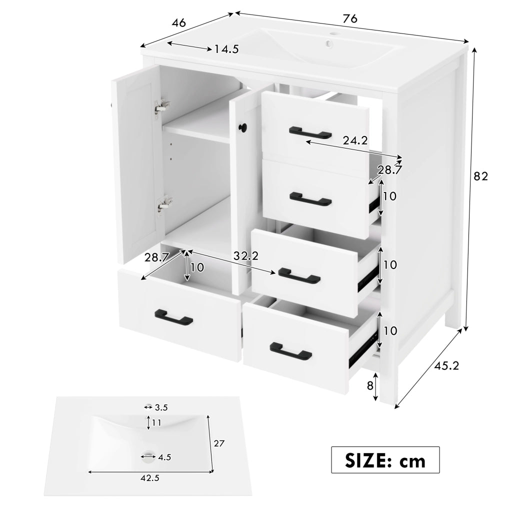 MOBILE BAGNO freestanding 76x46x82 cm in MDF e Ceramica Bianco