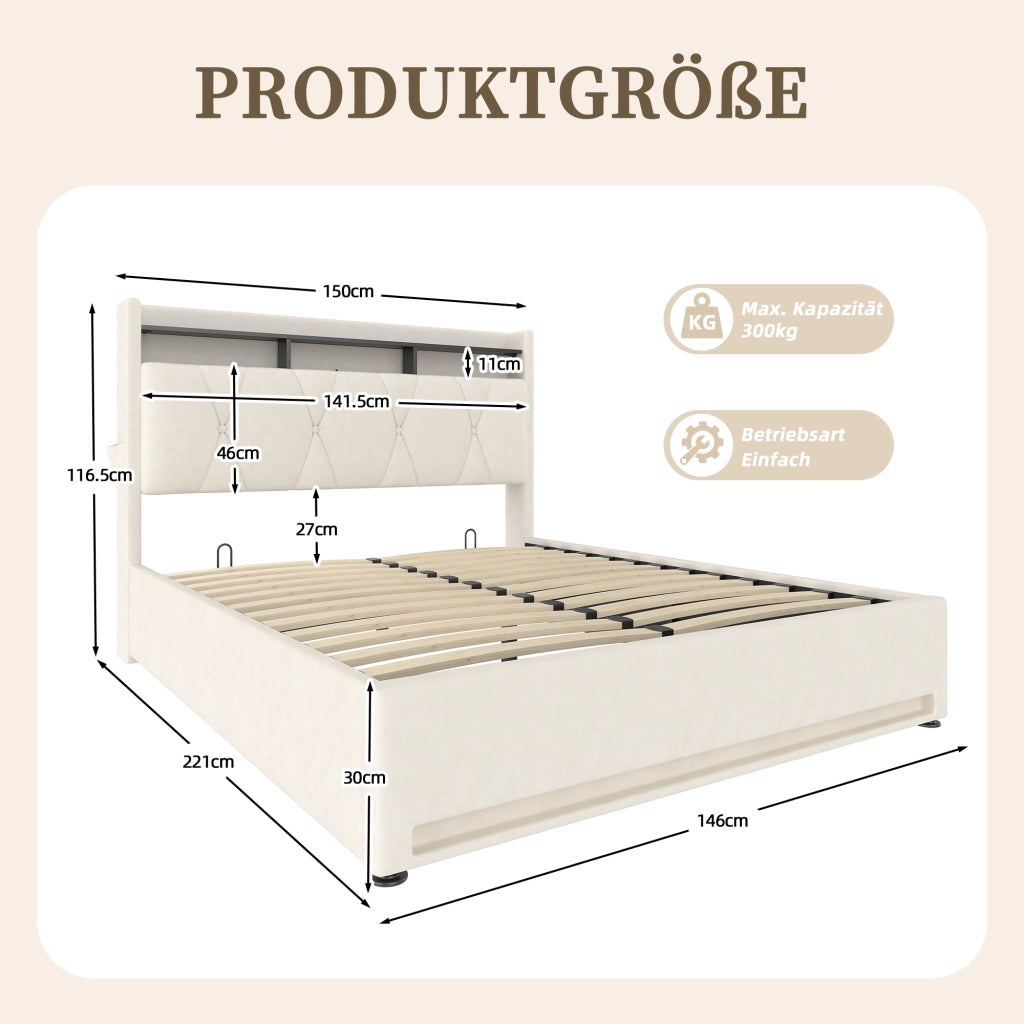 DESMIU Lit contenitore 140 × 200 cm 2 posti con LED, USB e Type-C, vano sottoletto e testiera, senza materasso