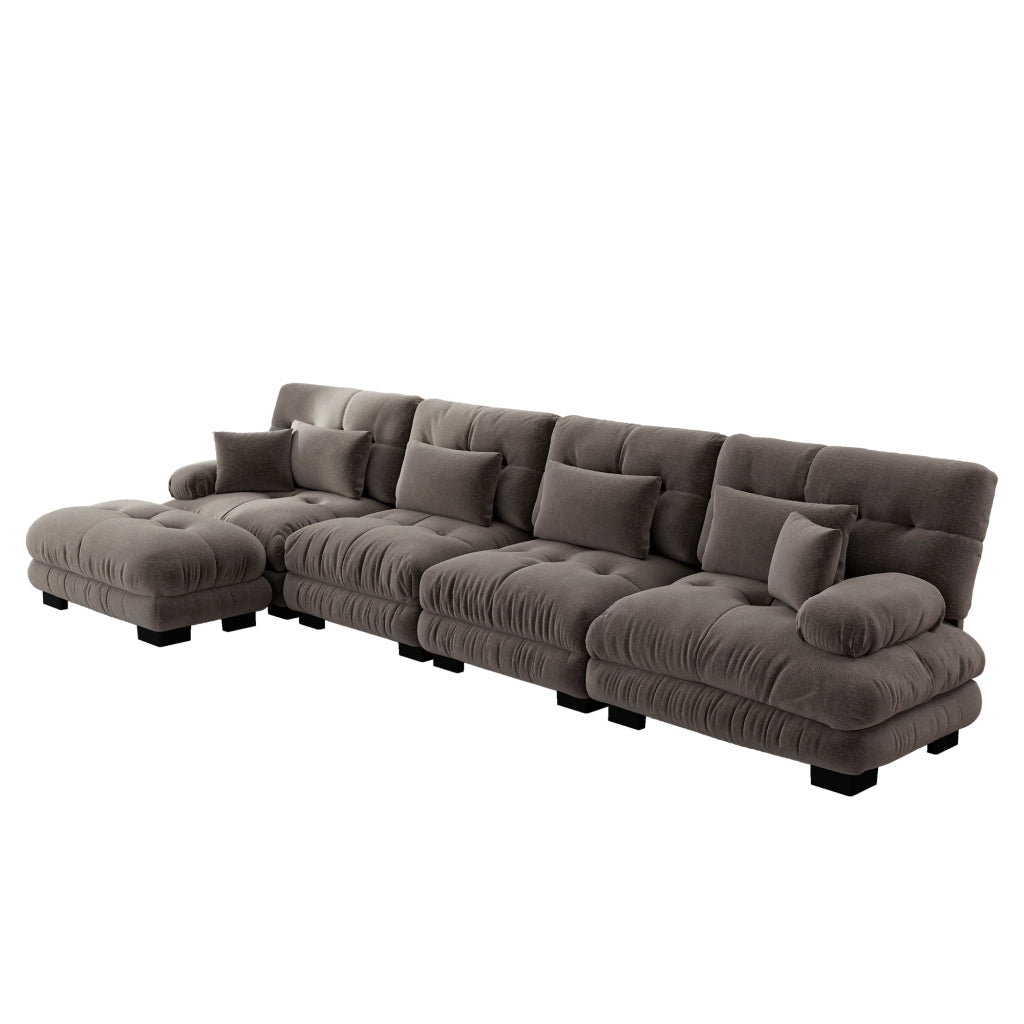 Divano Angolare Modulare 4 Posti ¨C MINIMAL ¨C Chenille, Marrone, con Poggiapiedi