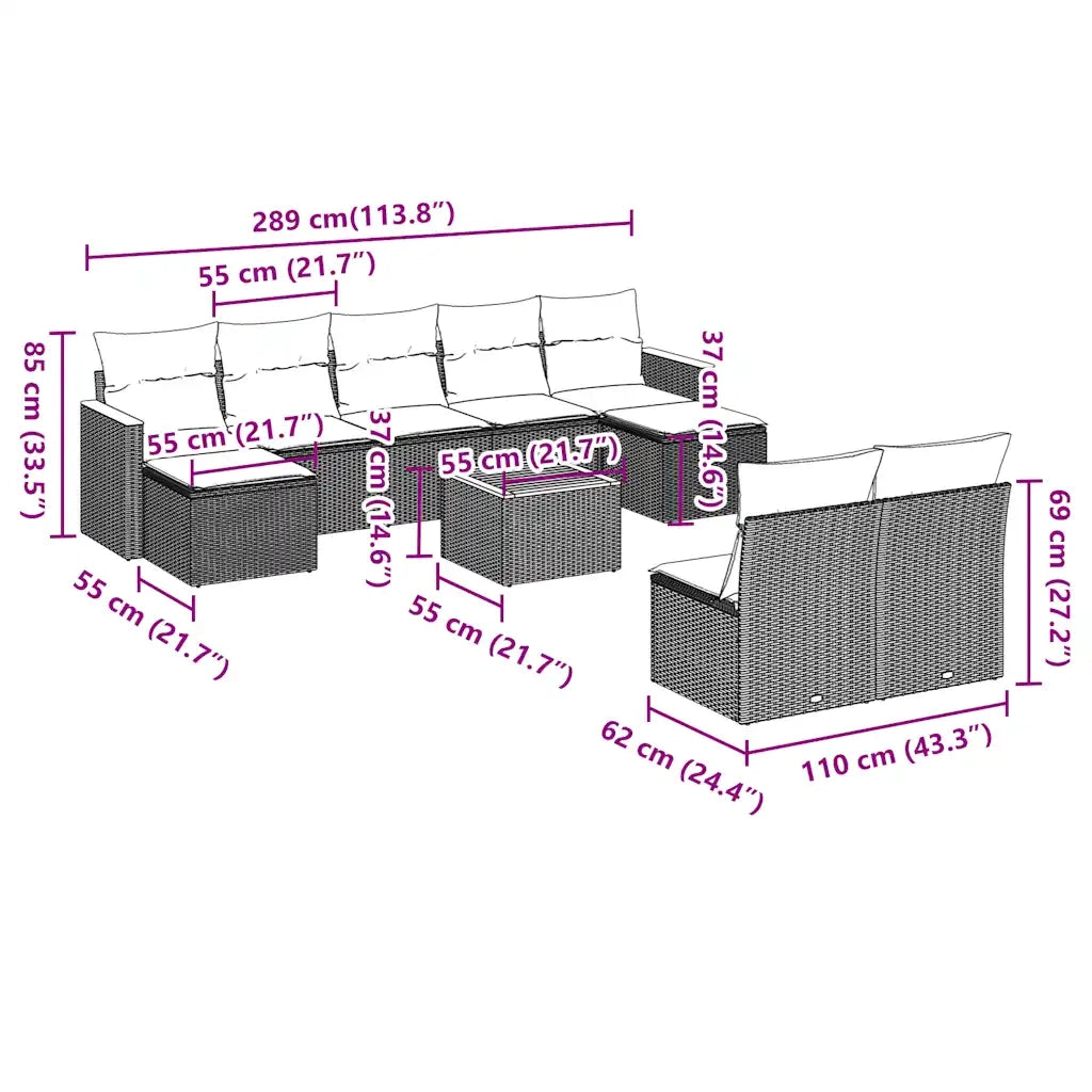 Set Divani da Giardino 10pz con Cuscini in Polyrattan Nero 3258780