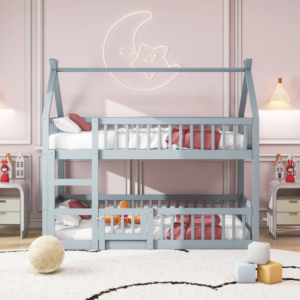 Letto a castello per bambini 90x200 cm con scala, design modulare, colore grigio