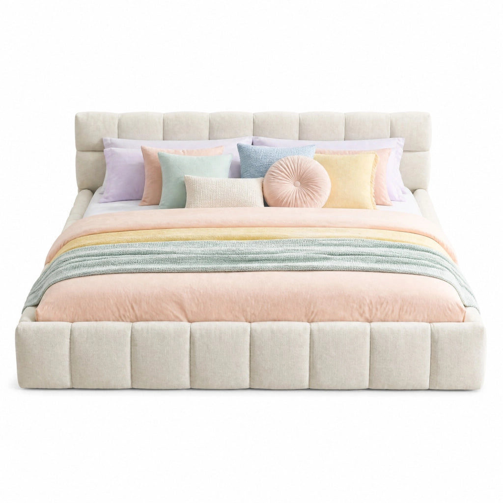 Letto matrimoniale 160x200 cm in chenille beige con struttura in eucalipto e ferro