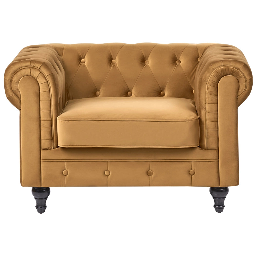 Poltrona Chesterfield Rivestimento in Tessuto Velluto oro Gambe in Legno Scuro Contemporanea