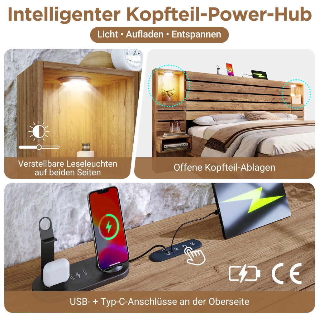 Letto legno 180x200 LED USB Type-C vano cassetti rovere