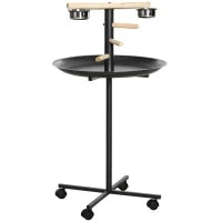 Posatoio per pappagalli su piedistallo, con 4 ruote e 2 ciotole, in acciaio inox, Ø 60 x 111 cm, Grigio