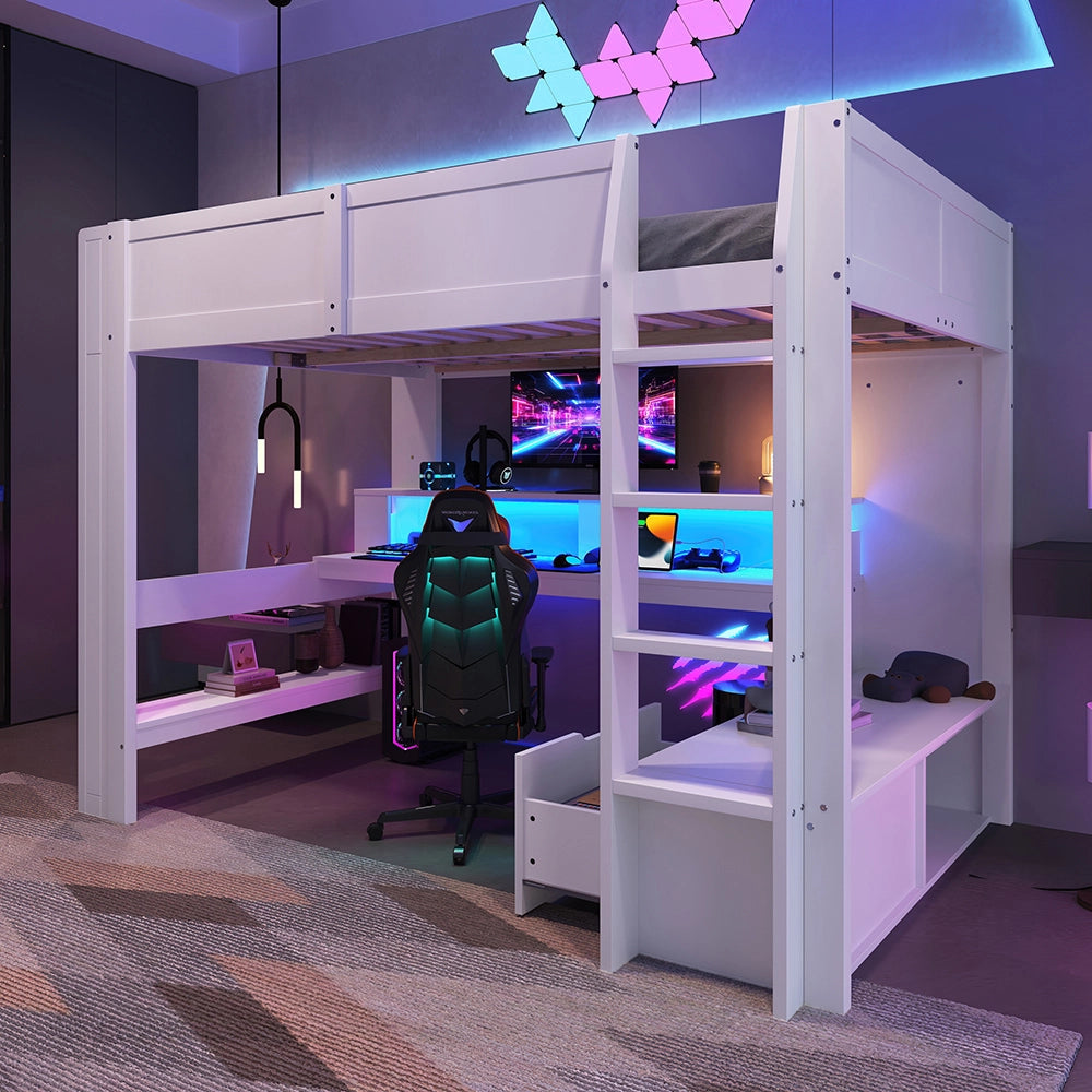Letto gaming - Xylo - 140x200 cm LED scrivania bianco