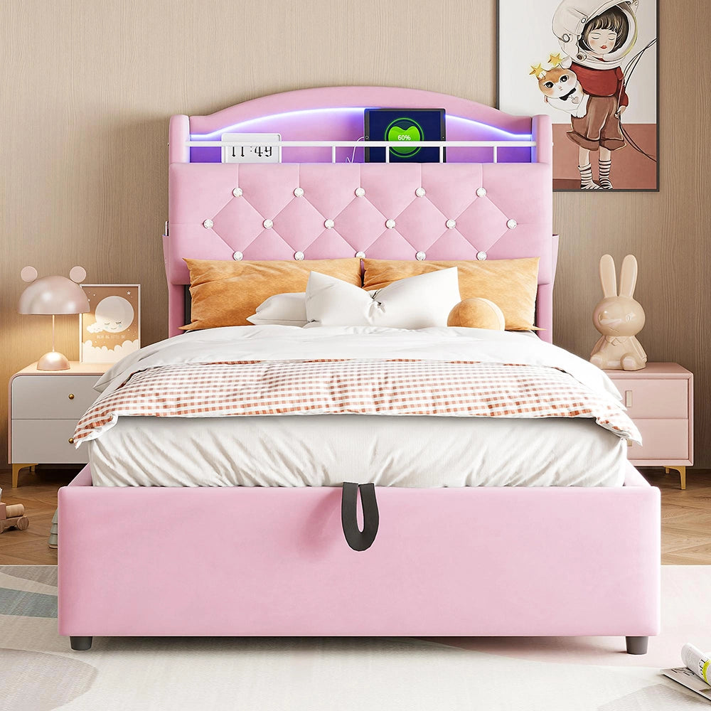 Letto bambino-Xylo-90x200 cm-LED, USB, spazio idraulico, velluto rosa