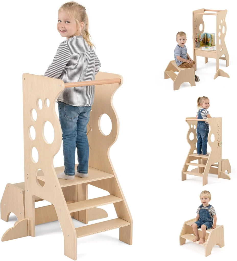 Torretta Montessoriana 2 in 1 in Legno, Torre di Apprendimento con Barre di Sicurezza Rimovibili e Sgabello a 2 Gradini, Set Versatile con Giochi Sensoriali per Bambini 3+ Anni