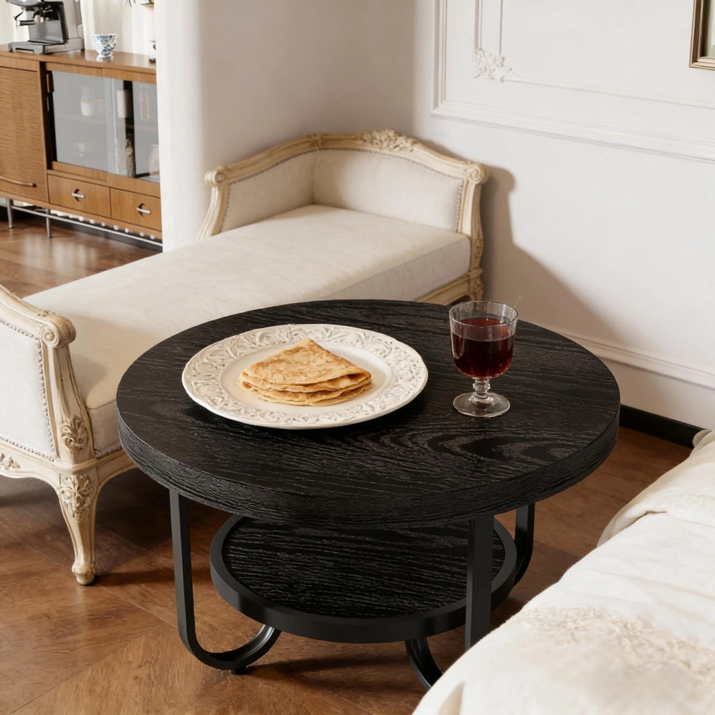 TAVOLINO DA CAFFÈ rotondo 79 cm 2 ripiani nero MDF e metallo