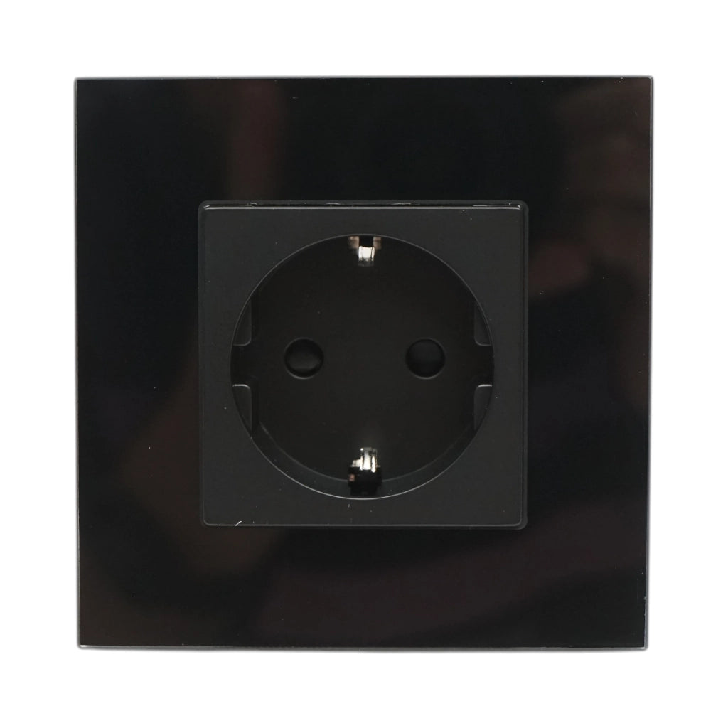 Presa schuko nera 220V, 16A, cornice in vetro 86x86x34mm