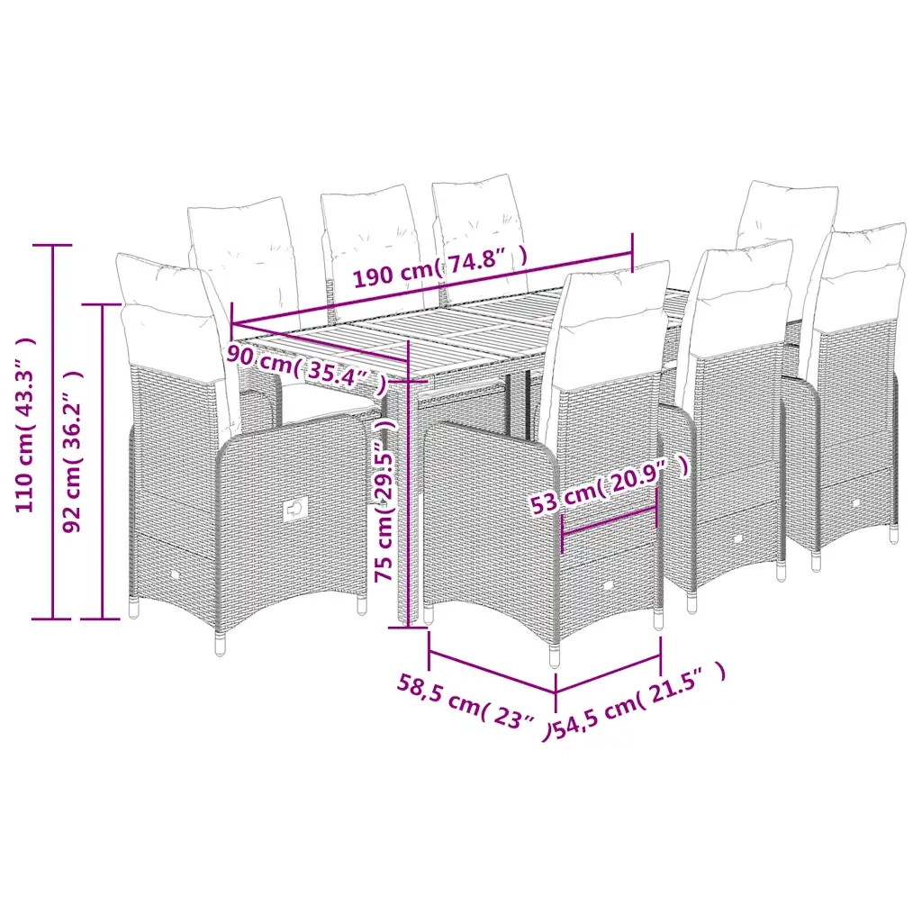 Set Bistrò da Giardino 9 pz con Cuscini in Polyrattan Grigio 3277026