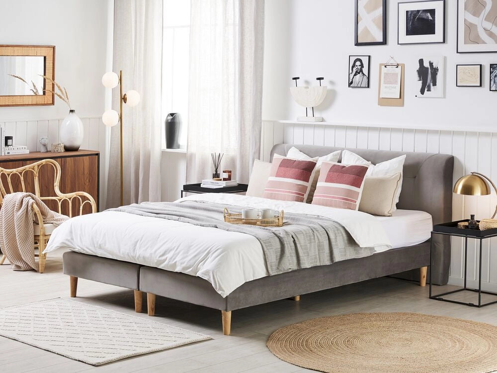 Letto in velluto grigio tappezzeria 160 x 200 cm Continental con materasso a molle