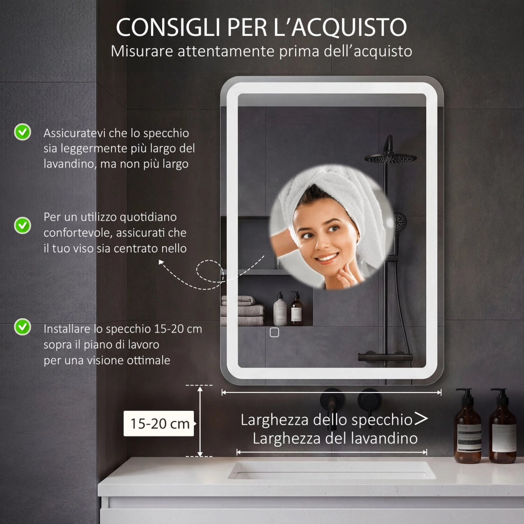 Specchio Bagno LED con Touch, Antiappannamento e 3 Temperature ¨C Xylo ¨C 70x50cm