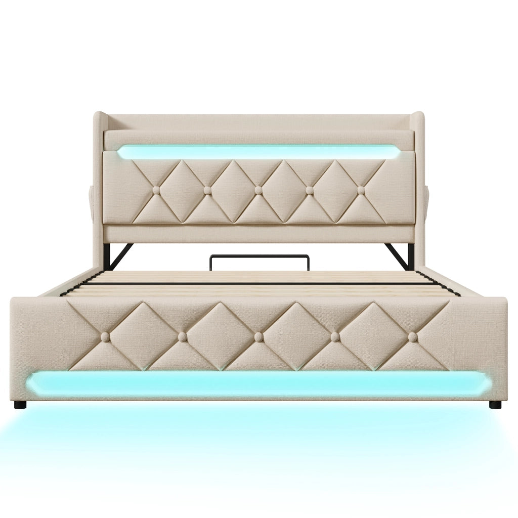 Letto Matrimoniale Imbottito con Contenitore Idraulico e LED ¨C MINIMAL ¨C Beige, 180x200