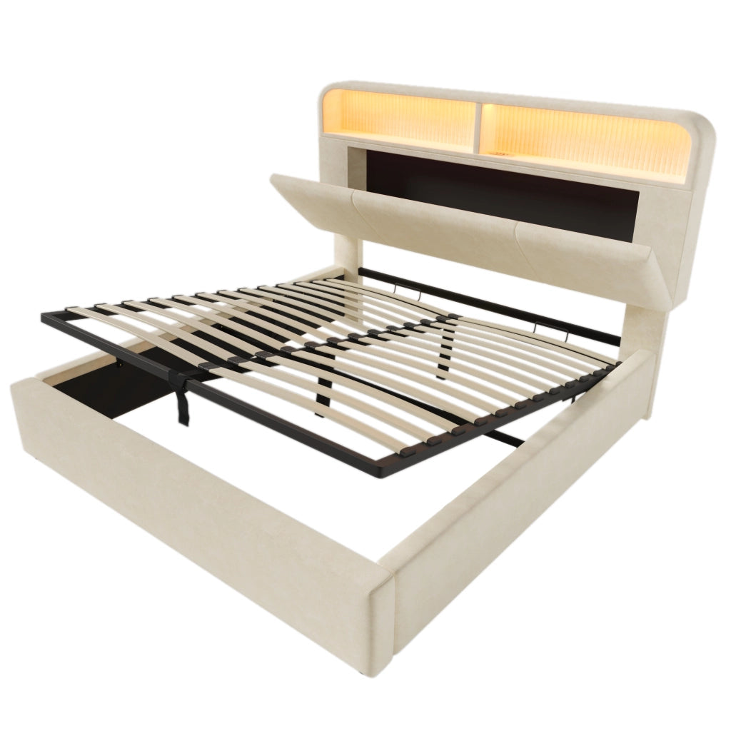 Letto imbottito idraulico 140x200cm con illuminazione LED; USB C e velluto in beige