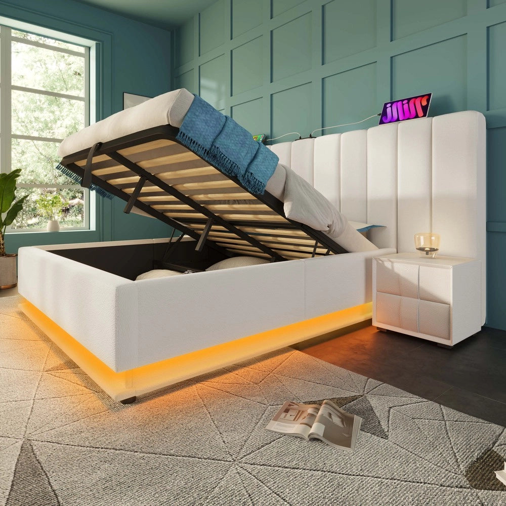 Letto Imbottito Contenitore Matrimoniale con LED e USB ¨C MINIMAL ¨C PU Bianco 180x200