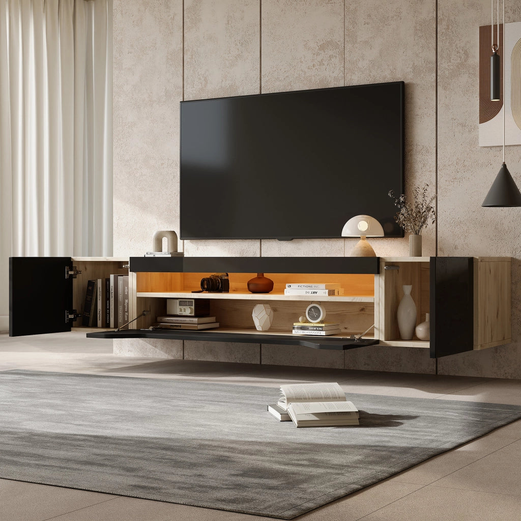 Cassettiera per TV beige e nero in truciolare; lunghezza 180 cm