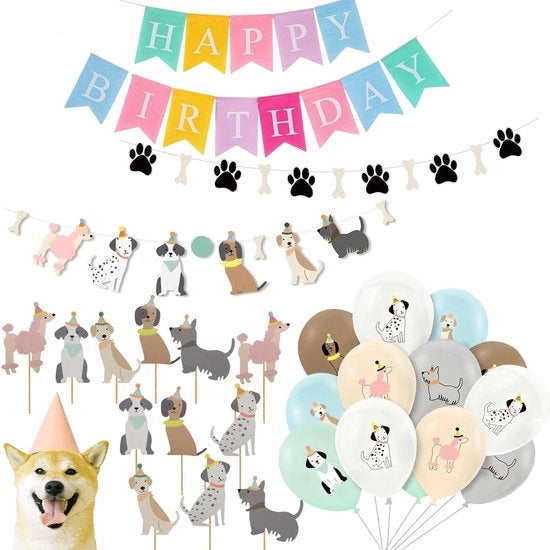 Set di decorazioni per il compleanno del cane 27 pezzi - tema cane - decorazioni per festa - palloncini - topper di torta - bandiere - illustrazioni colorate - decorazioni per festa del cane