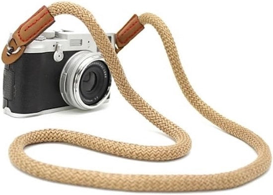 Cinturino per la spalla, cinturino per la vita, cinturino per il collo e guanto per il polso in cotone beige, adatto per fotocamere reflex digitali.