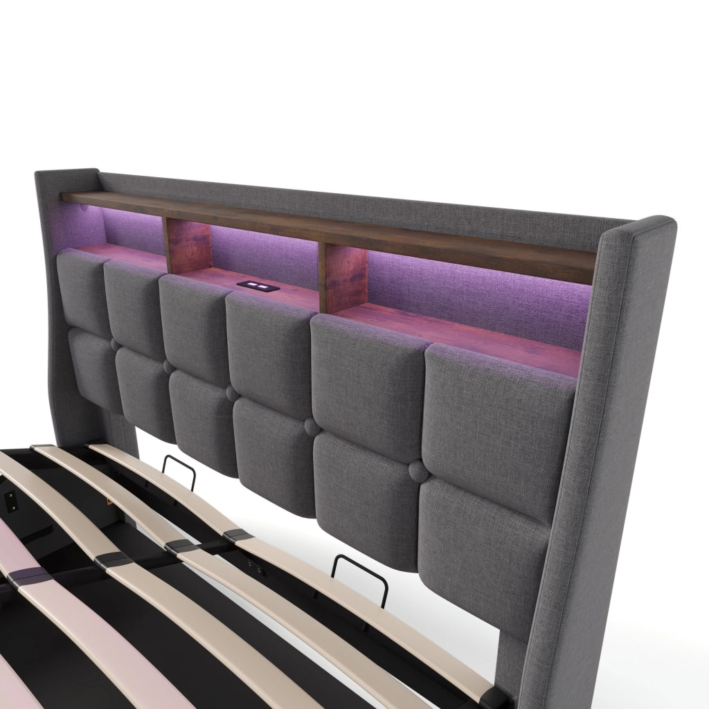 LETTO Imbottito 140x200 cm Grigio in lino con LED e USB