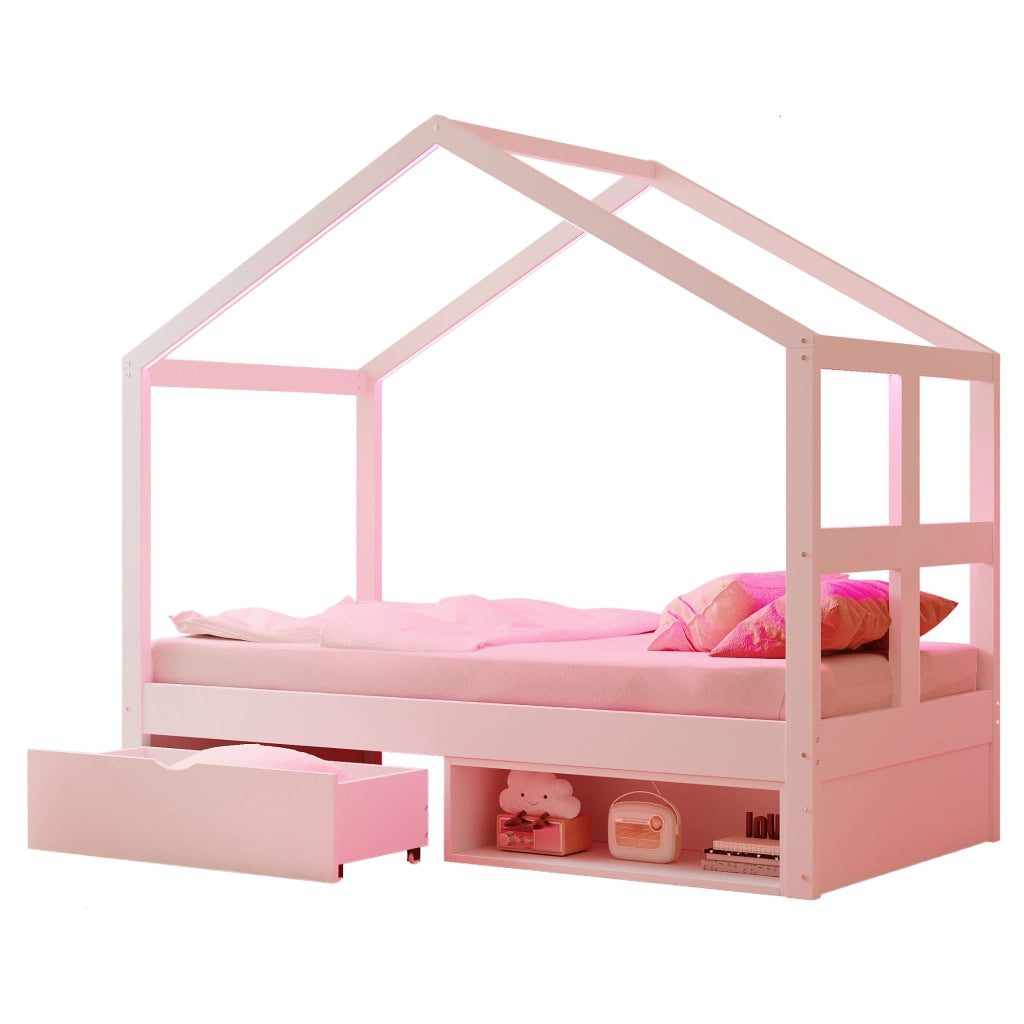 Letto Singolo con Cassetti e LED ¨C MINIMAL ¨C Bianco, Rete a Doghe, 90x190