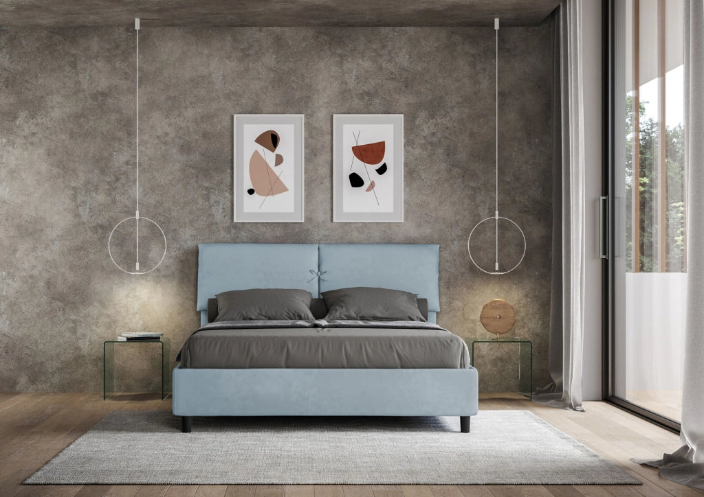 BS COM Letto matrimoniale contenitore imbottito 160x210 microfibra azzurro