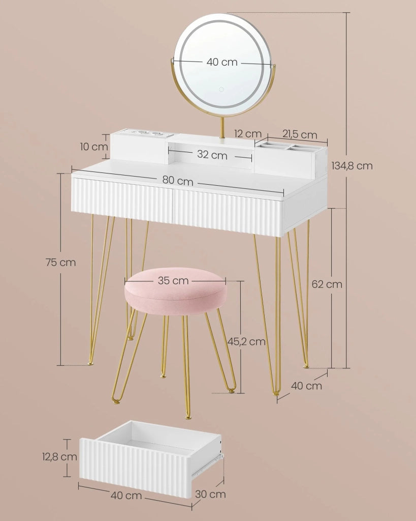 Toletta con specchio girevole e sgabello toletta con specchio illuminazione e ciabatta sgabello imbottito per camera da letto toletta 40 x 80 x 1348 cm bianco opaco e oro chiaro 12_0005163
