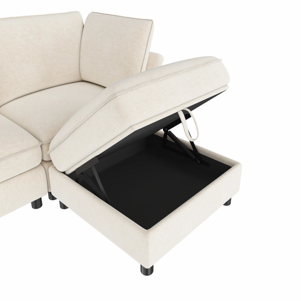 Divano Angolare Modulare 6 Posti con Contenitore e 2 Pouf, Chenille Beige, 289 × 137 × 84 cm