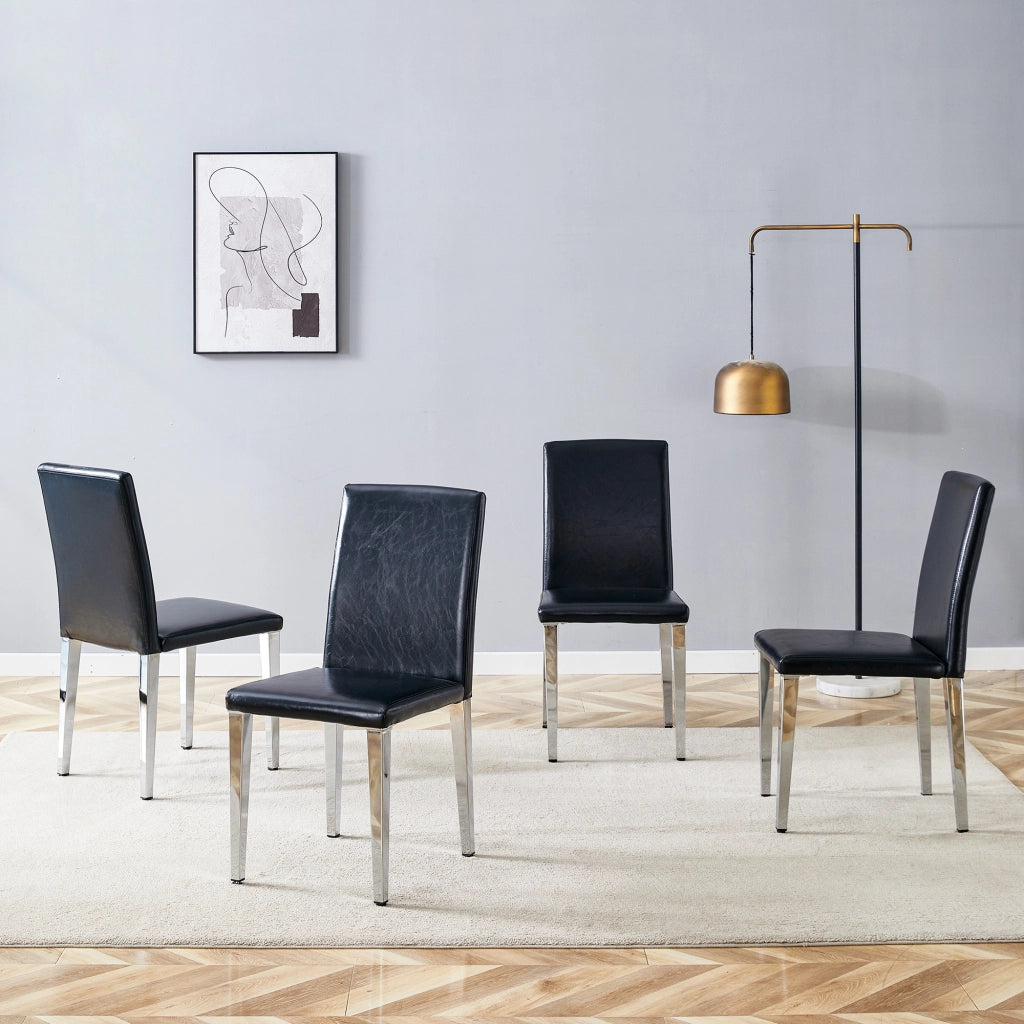 Set 4 Sedie da Pranzo ¨C MINIMAL ¨C Ecopelle Nera, Gambe in Metallo Argento, Moderne